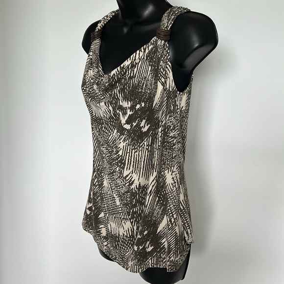 KENNETH COLE Boho Tank Top Wood Ring Straps Beige Olive Print Women’s Medium - Picture 8 of 16